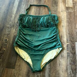 Plus size army green bandeau swimsuit w/ fringe.